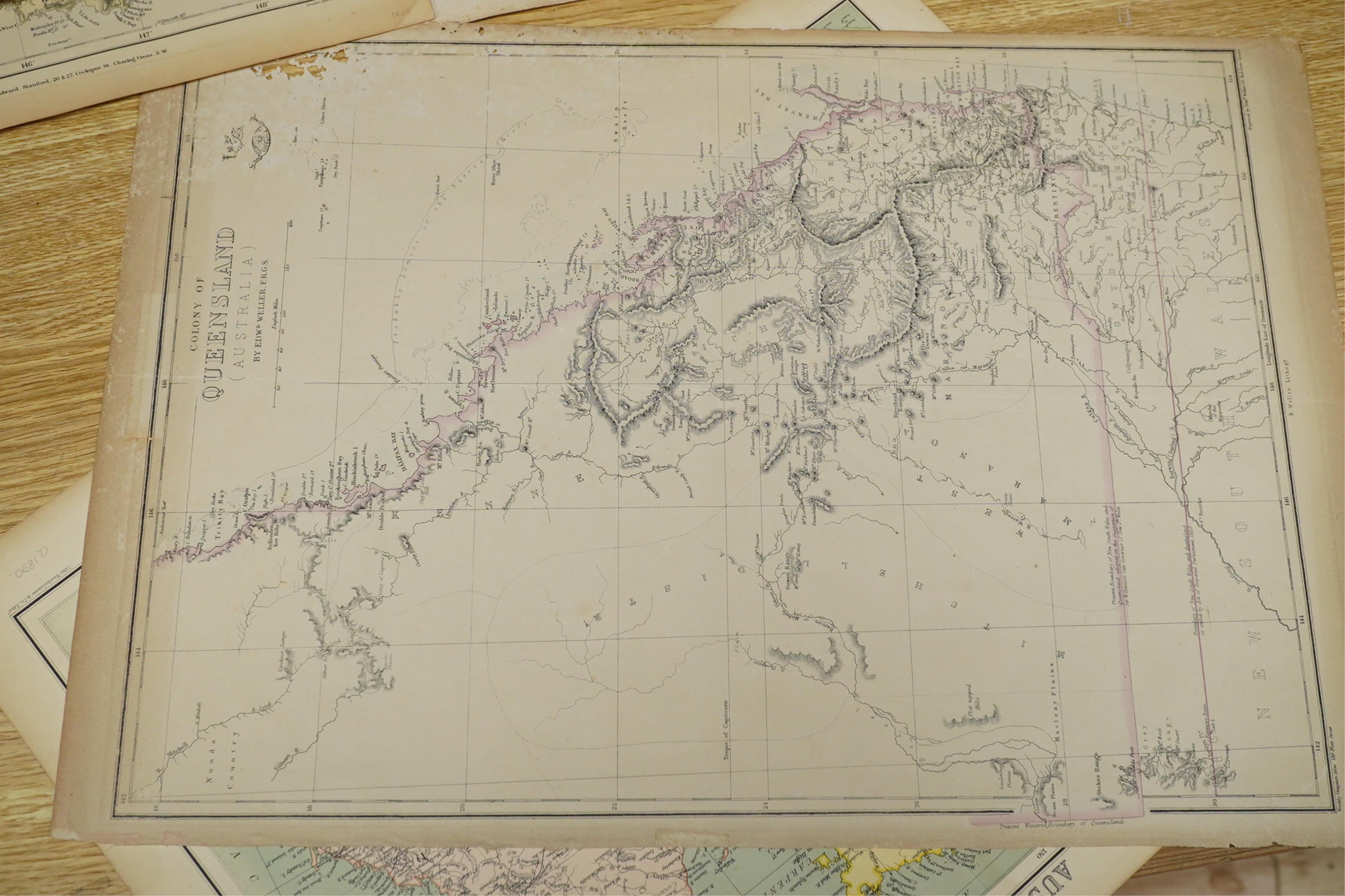A collection of 19th century engraved maps to include Western Australia, Tasmania and New South Wales, unframed, largest 42 x 35cm. Condition - some foxing and discolouration